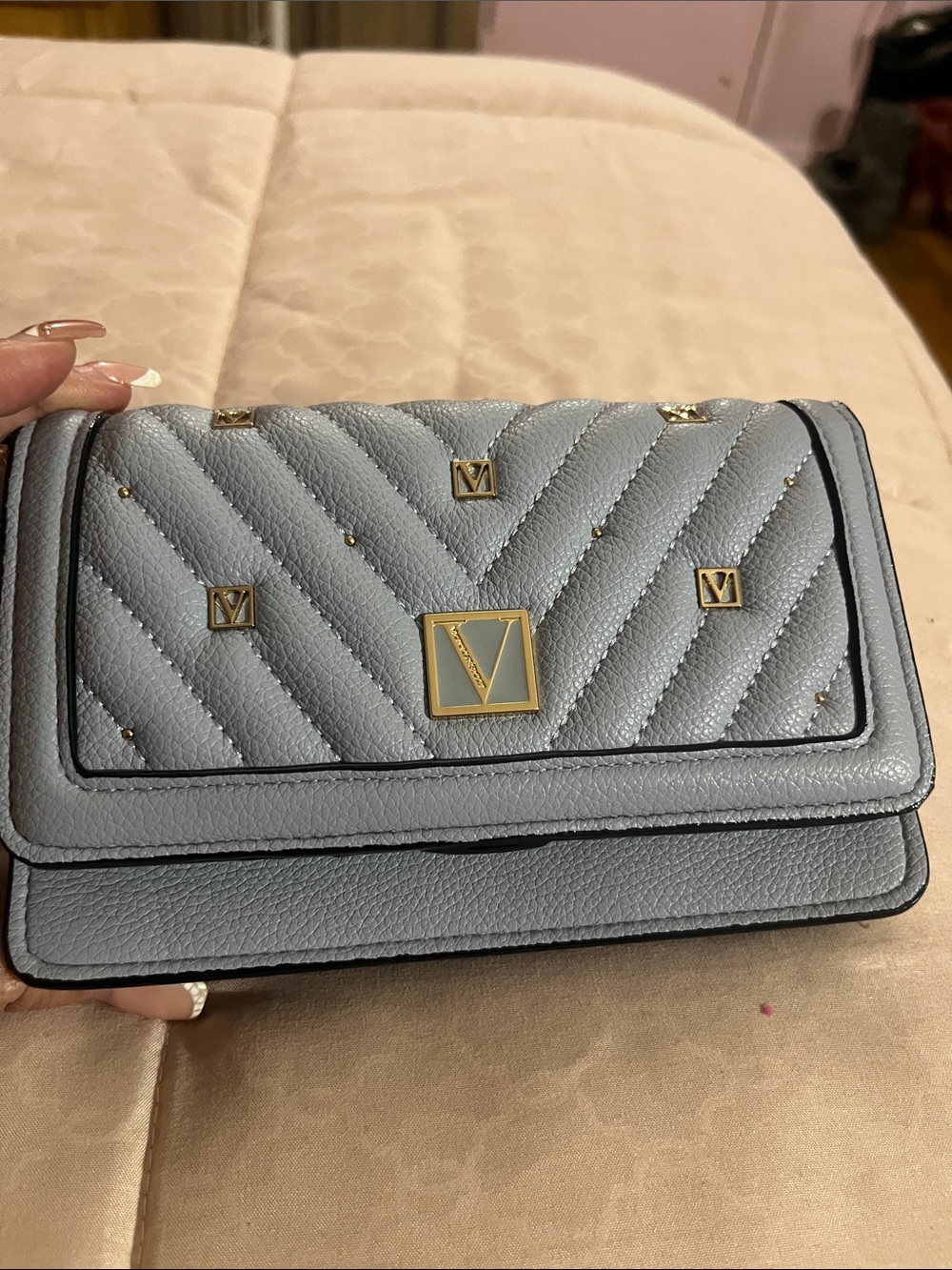 Victoria's Secret Light Blue Quilted Crossbody with Gold V Accents